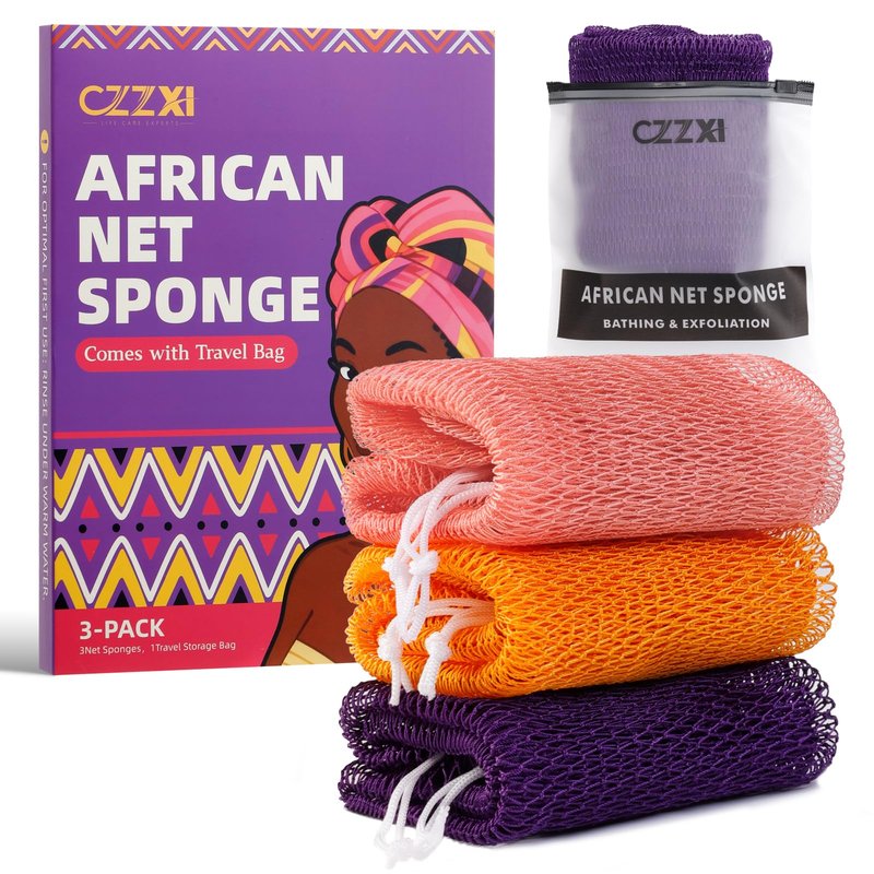 CZZXI African Net Sponge 3 Pieces, Authentic Exfoliating Body Scrubber for Back & All Skin Types, Bath Sponge for Face & Body with Gentle Deep Cleansing (Purple, Pink,Yellow)