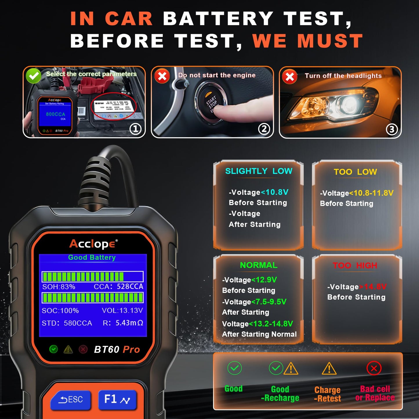 Acclope BT60 PRO Car Battery Tester 6V/12V/24V, 2-120Ah, 100-3000 CCA, Alternator & Starter/Charging System Analyzer, Automotive Load Test, QR Cloud Report (No App), for Car Truck Motorcycle Marine/RV