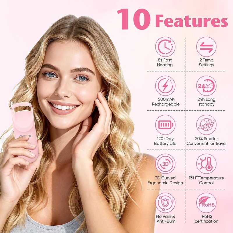 Skiennix Heated Eyelash Curler - Quick 10s Heat, Mini Burn-Proof Design, 24H Hold, Type-C Rechargeable