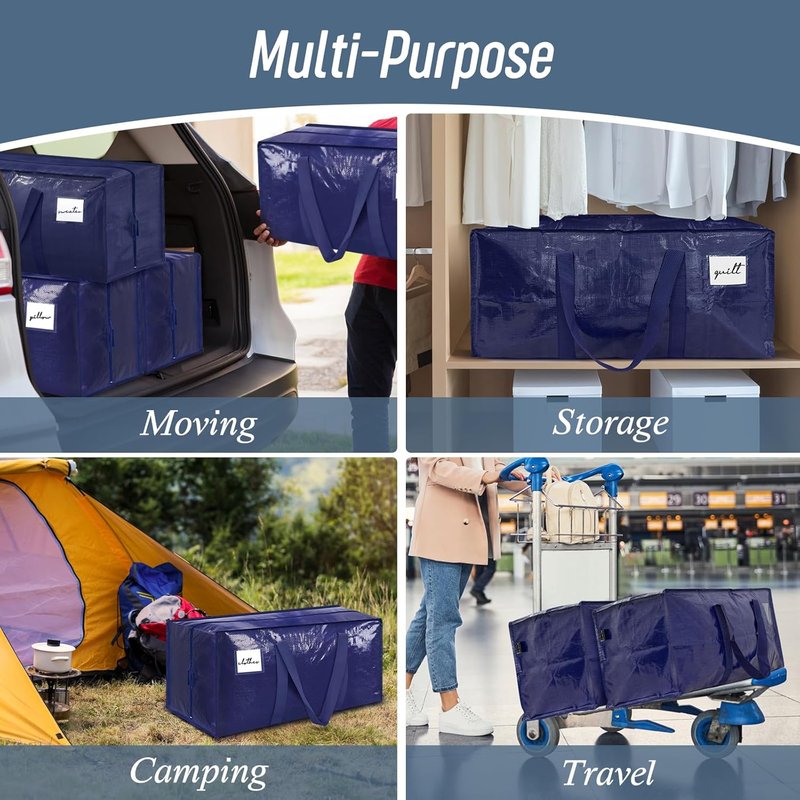 Extra Heavy Duty Large Moving Bags - 6 Pack with Strong Zipper & Comfortable Handles | Durable Blue Storage Totes for College Supplies