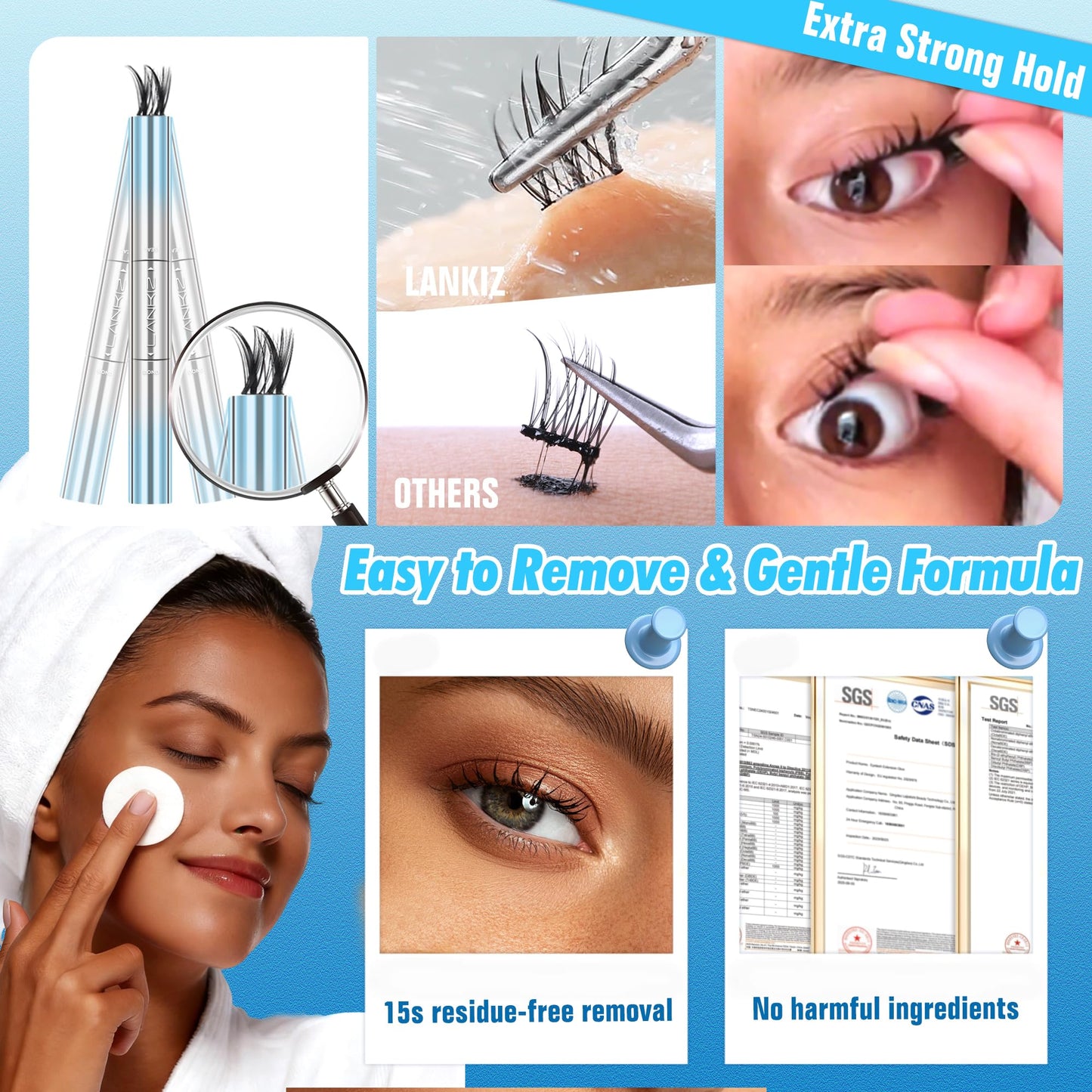 Waterproof Lash Cluster Glue for Shower/Washing/Swimming, 72H Long-Lasting Hold for Sensitive Eyes, Hypoallergenic Lash Bond and Seal for Eyelash Cluster DIY Lash Extensions, Beginner Friendly, LANKIZ