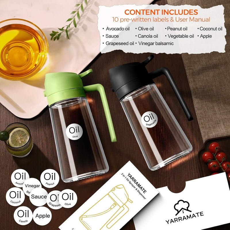 Glass Olive Oil Sprayer - 16oz Food Grade Spray Bottle for Cooking | Premium 2-in-1 Dispenser for Salad, Frying, BBQ (Black)
