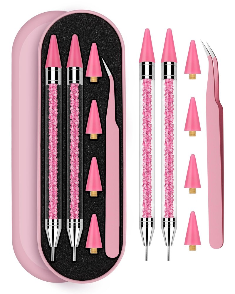Rhinestone Picker Tool, Wax Pencil for Rhinestones Tool, Dual-ended Nail Bedazzling Tools With 4 Extra Pink Replaceable Wax Head and 1 Tweezer (Pink B)