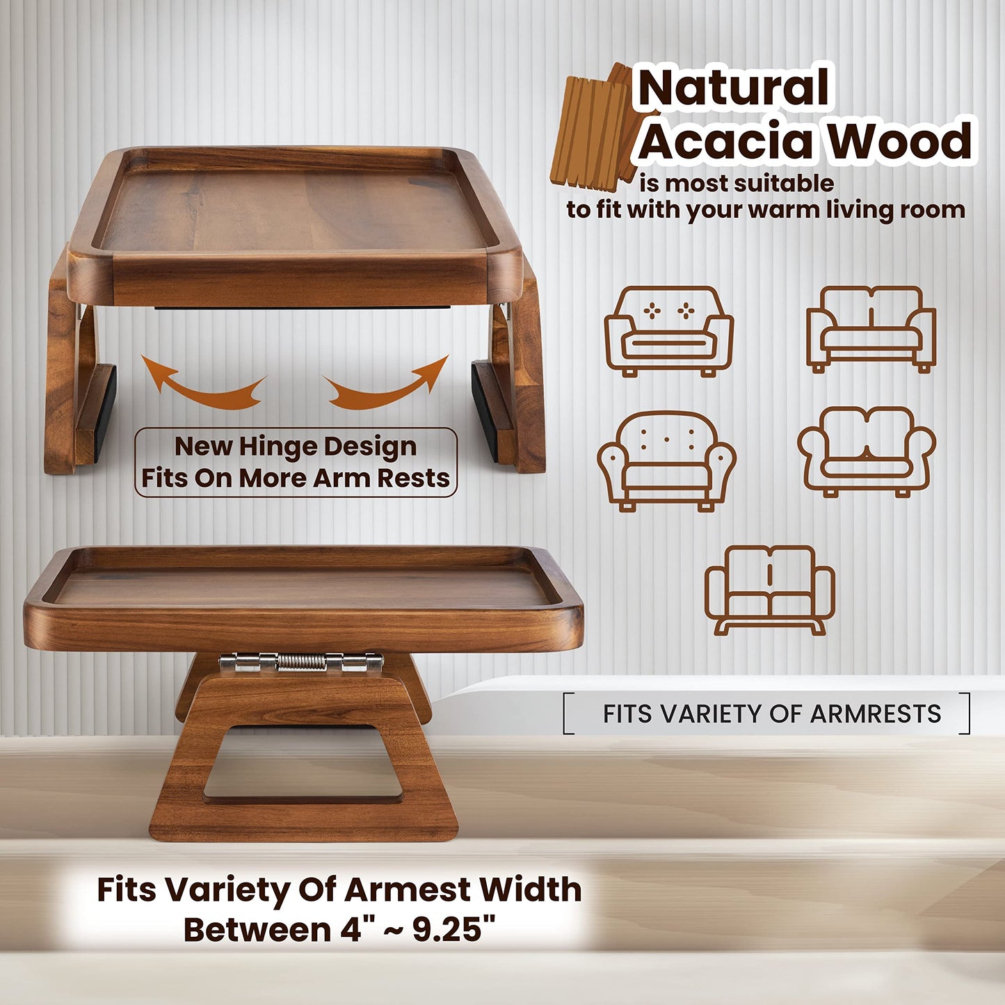 Tinamo Acacia Sofa Arm Tray, Rectangle Couch Armrest Table - Couch Accessories, Armchair Caddy, Clip on Tray for Home Sofa Living Room, Sofa Arm Table (White Rustic, 13.75" D x 9.5" W x 1" H)
