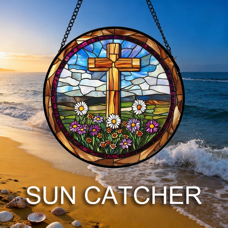 QZQCBLC Christian Gifts for Women - Cross Stained Glass Window Hanging Easter White and Purple Daisy Sun Catcher Garden Religion Decor Mother's Day Catholic Gift for Men Grandma Nana Her Mom 6.3"