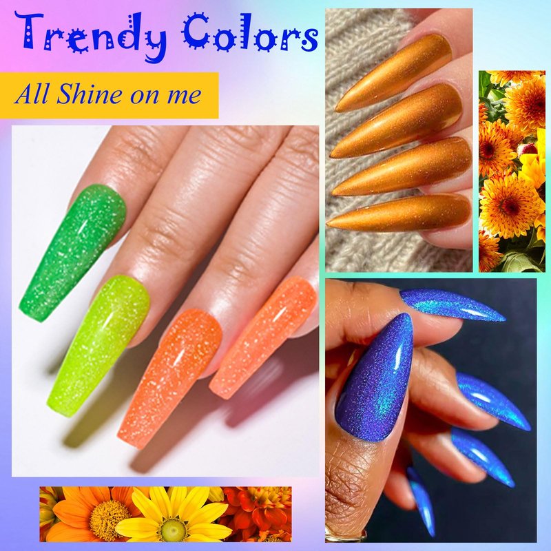 MEET ACROSS 12Pcs Gel Nail Polish Set 10 Colors Metallic Gel Polish + Reflective Glitter Neon Gel Polish, Soak Off Uv Led Nail Polish Kit with Base Top Coat Nail Gift for Her
