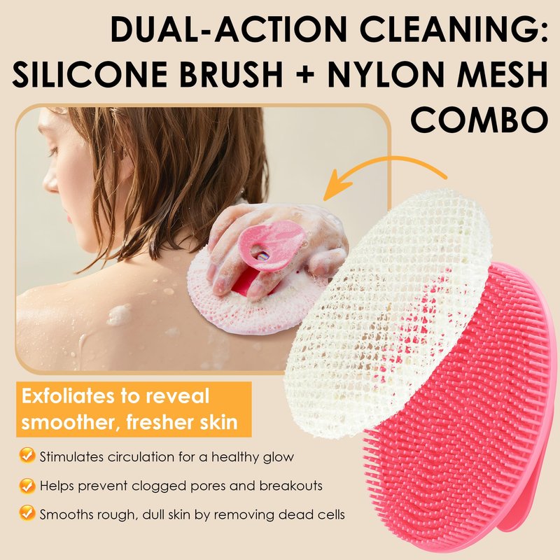 INNERNEED Food-Grade Silicone Body Scrubber Gentle Cleansing Brush with Exfoliating Net Sponge Bath Scrubbing Washcloth Case, More Hygienic and Well Lather (Pink Set)