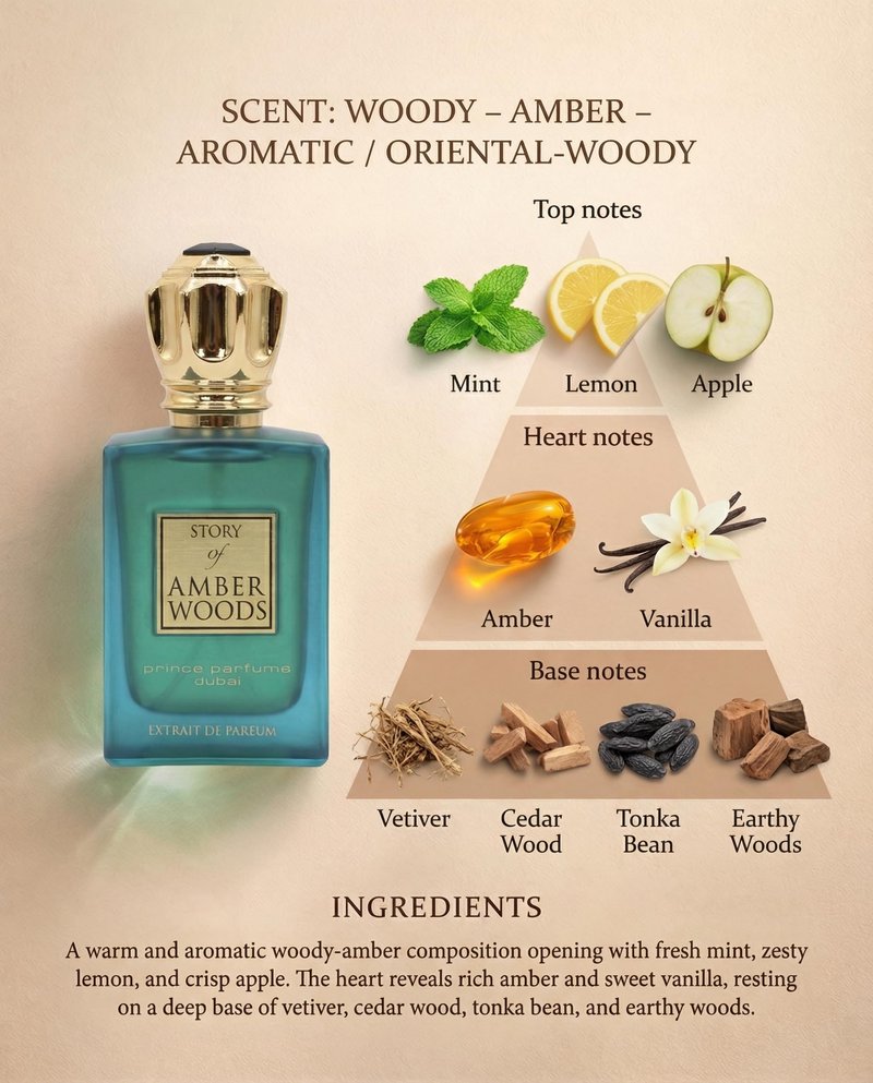 Prince Parfums Dubai - The Story of Amber Woods - 3.4 Ounces - Exquisite Men's Extrait de Parfum - Rich, Luxurious Scent of Amber, Cedar, Vetiver for the Modern Man - Depth, Warmth & Mastery