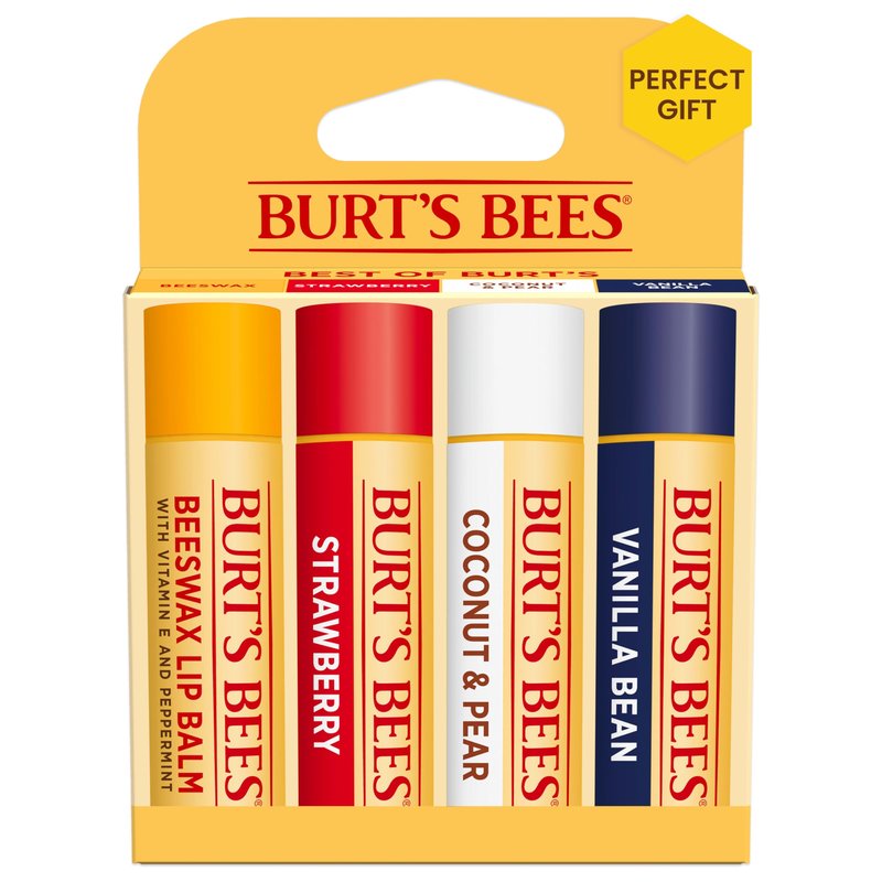 Burt's Bees Lip Balm, Beeswax, Strawberry, Coconut and Pear, and Vanilla Bean Pack, With Responsibly Sourced Beeswax, Tint-Free, Natural Lip Treatment, 0.15 oz., Four Tubes