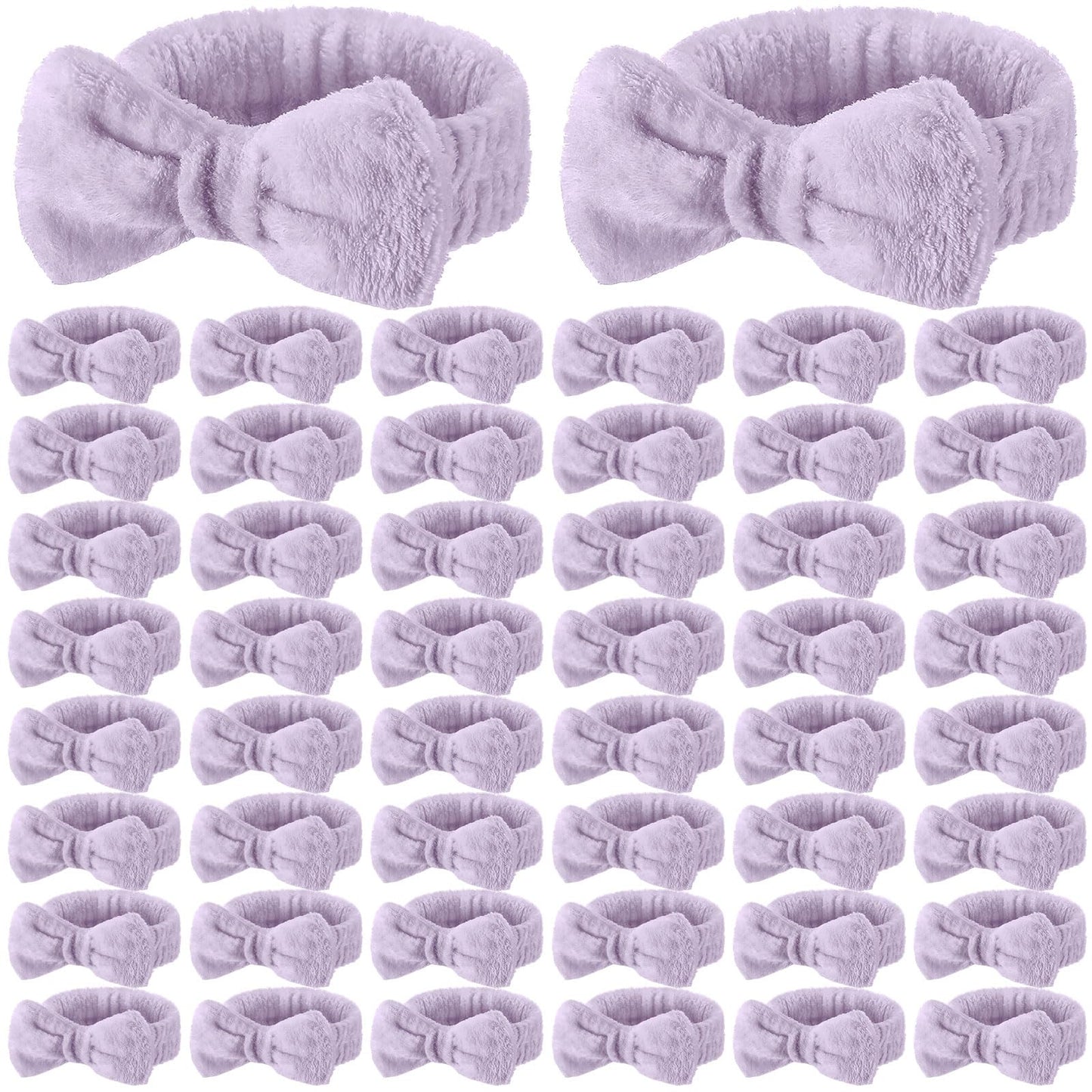 Wavyknot 50 Pcs Spa Headband Bulk Spa Sleepover Party Supplies for Washing Face with Removable Bow Makeup Elastic Bowknot Headband for Women Gifts Skincare Microfiber Hairband (Purple Style)