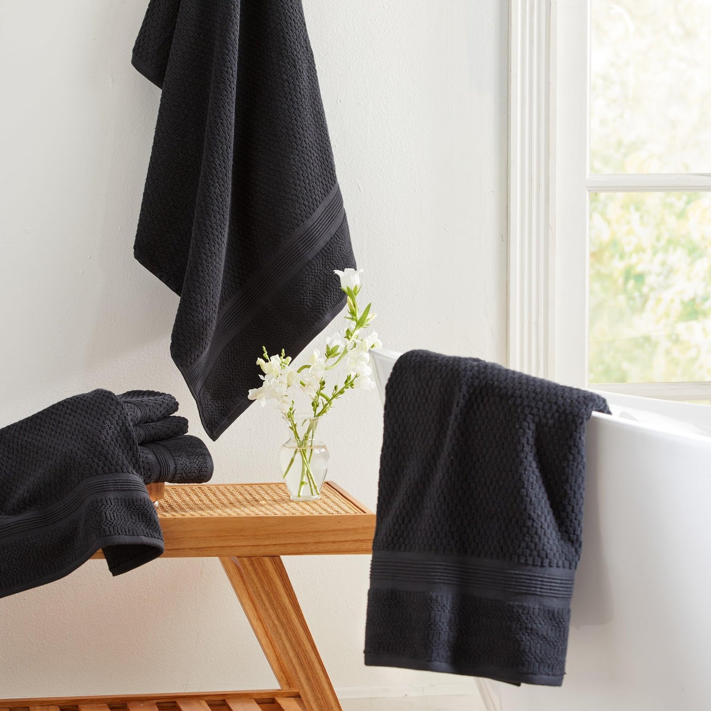 Market & Place 100% Cotton Waffle Weave 6 Piece Towel Set – Soft, Quick-Dry Bath, Hand & Washcloth Towels – Lightweight, Textured Bathroom Set – Black | Zoey Collection