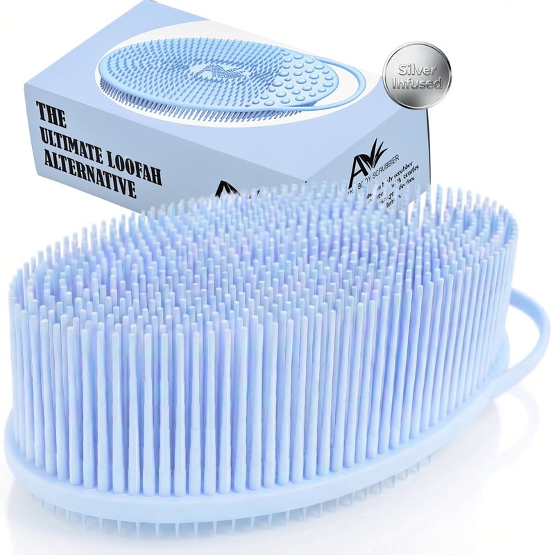 Avilana Silver Edition Exfoliating Body Scrubber - Silver-Ion Infused Silicone Bath Brush, ISO Tested Dual Sided, Stays Fresh Firm Bristles Smooth Rough Bumpy Skin Texture Loofah Alternative Women Men