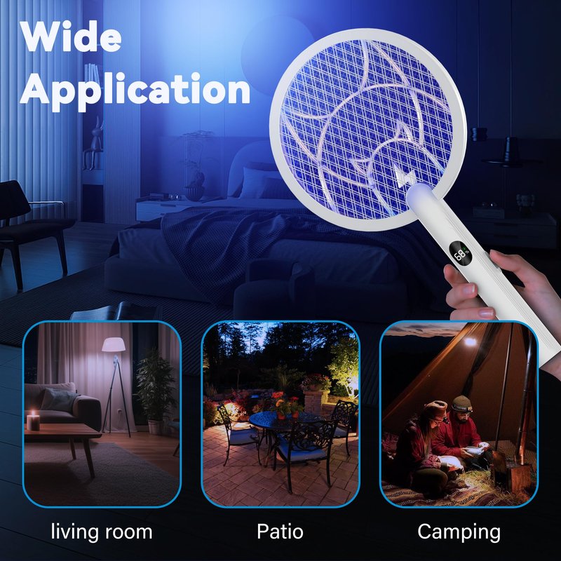 Nymrix Electric Fly Swatter Racket, 2 in 1 Mosquito Bug Zapper 4100V Handheld Mosquito Killer with 1800 mAh Rechargeable Battery, Purple Light and 3-Layer Safety Mesh for Indoor Outdoor Grey