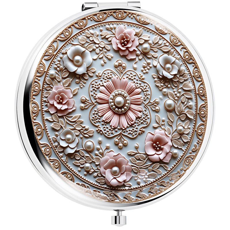 Silver Compact Mirror, 2.8x2.8inch Double-Sided Folding Makeup Mirror with Pink Floral Relief Design, Ideal Gift for Women
