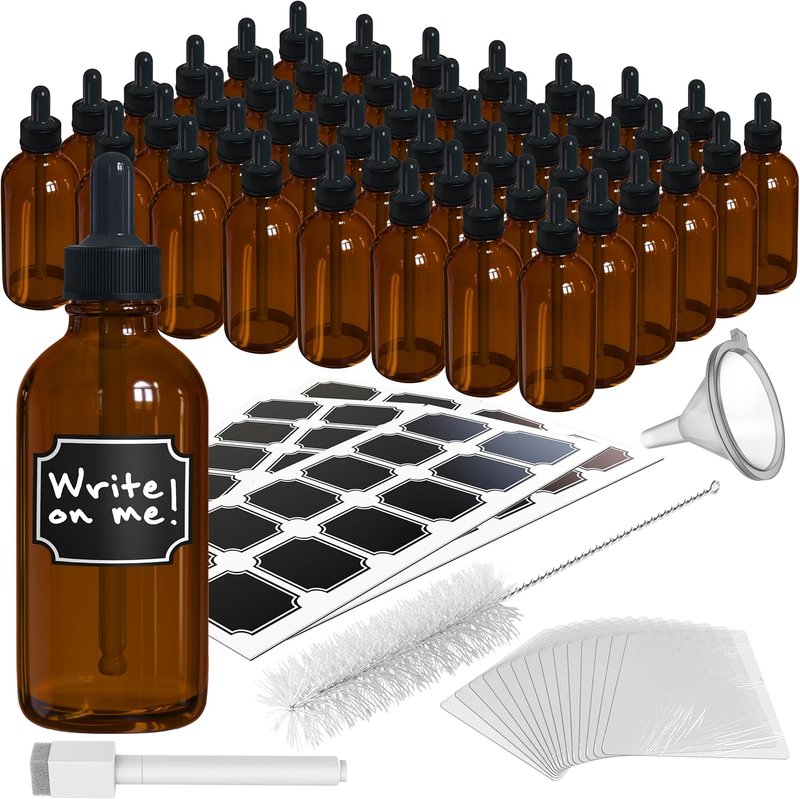 Amber Glass Dropper Bottles - 4 Oz Tincture Set with Droppers, Funnel, Brush & Labels | 48 Pack