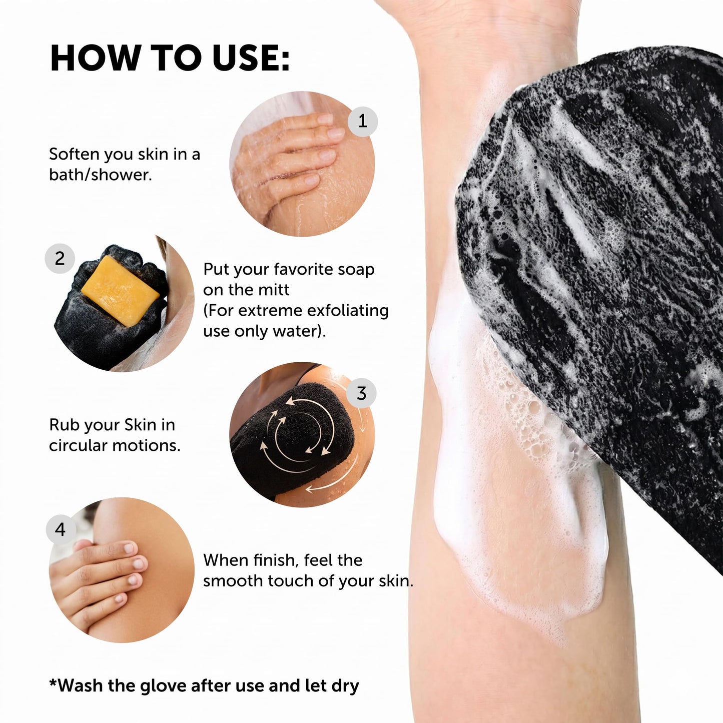 Valitic Exfoliating Glove Body Scrubber - Exfoliating Mitt Dead Skin Remover, Shower Face and Body Exfoliator - Korean Style Skin Scrubber Washcloth - Spray and Self Tan Remover, 1 Black with Pink