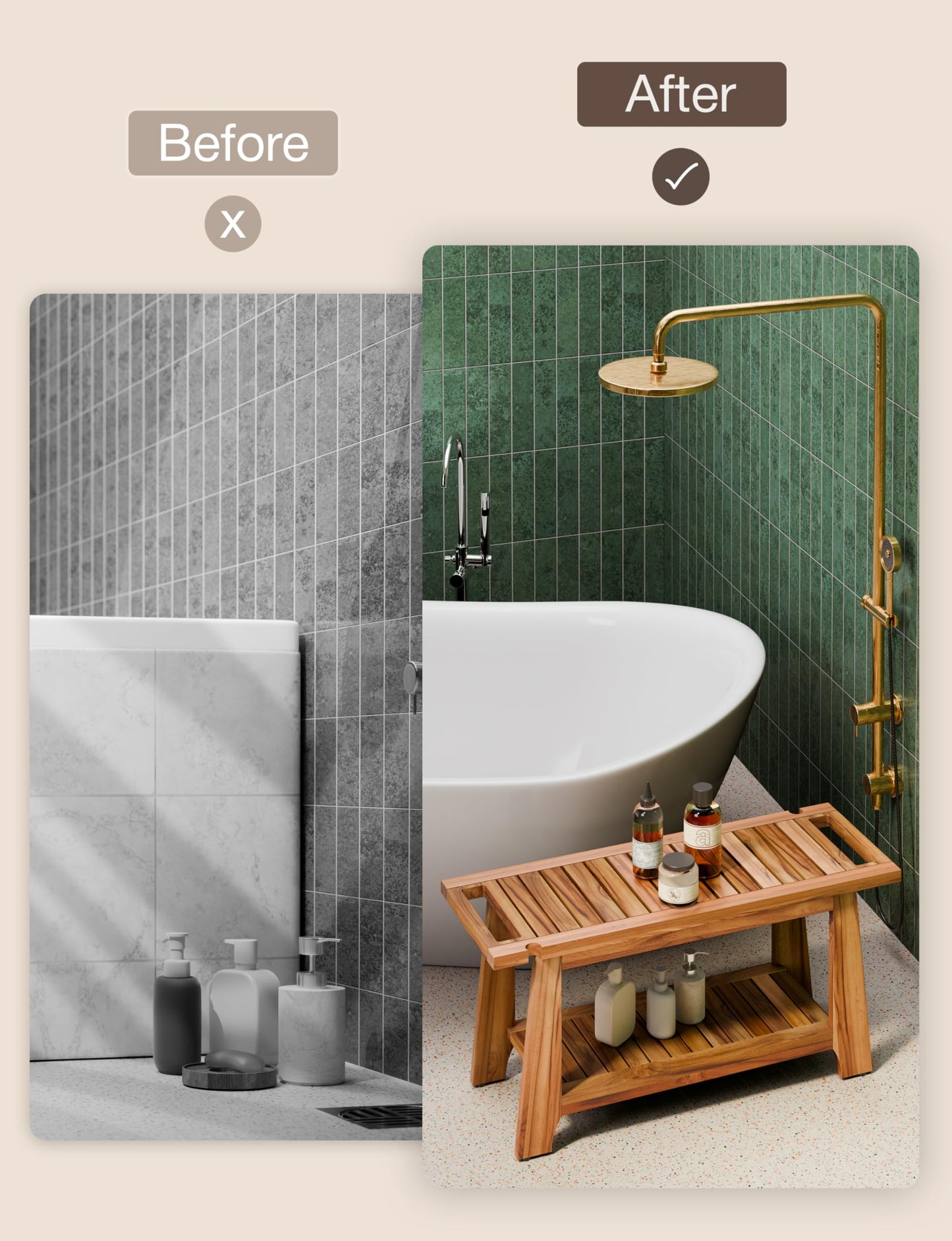 Tinamo 34”L Teak Shower Bench for Inside Showers- 400 Lbs Capacity-Teak Shower Stool, Wooden Bathroom Bench, Shower Chair for Inside Shower with Handles, Teak Benches, Wooden Bench with Shower Holder
