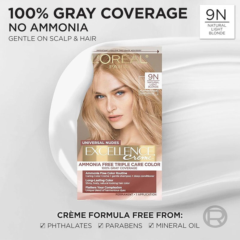 L'Oreal Paris Hair Color - Excellence Universal Nudes, Ammonia-Free Gray Coverage, 9N Natural Light Blonde, 1 Kit