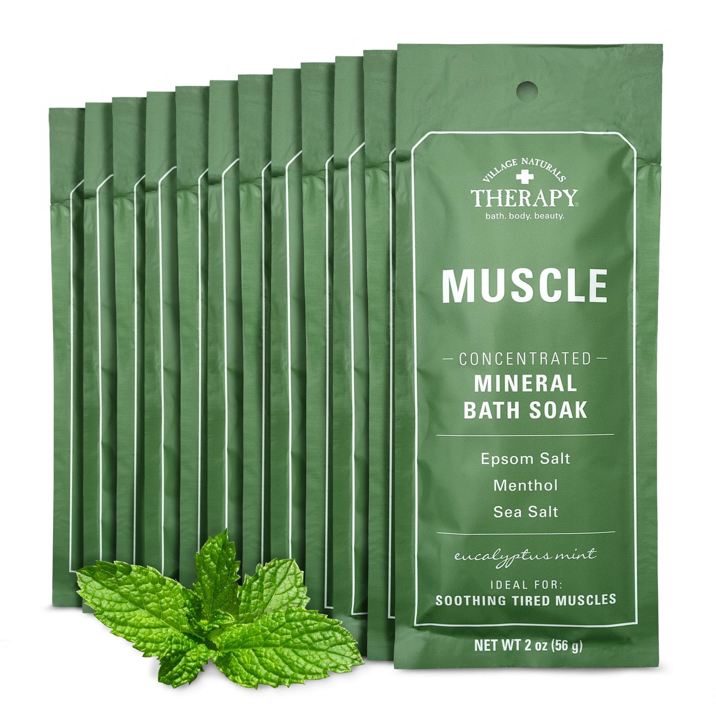 Village Naturals Therapy Muscle Concentrated Mineral Bath Soak, Eucalyptus Mint Scent, 2 oz, Pack of 12