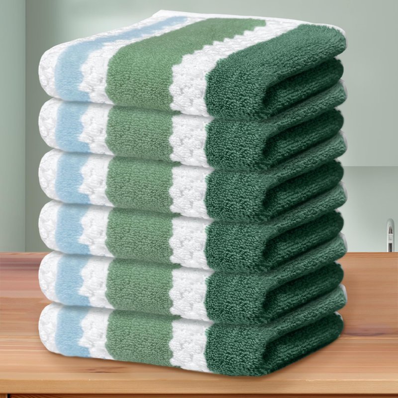 Green and White Washcloths (6PC, 13"x13") - 100% Cotton, Quick Dry, Thick&Absorb, Soft Washcloths for Bathroom & Showering, Striped Wash Cloths for Face & Body, Green Stripe and White Waffle/Checkered