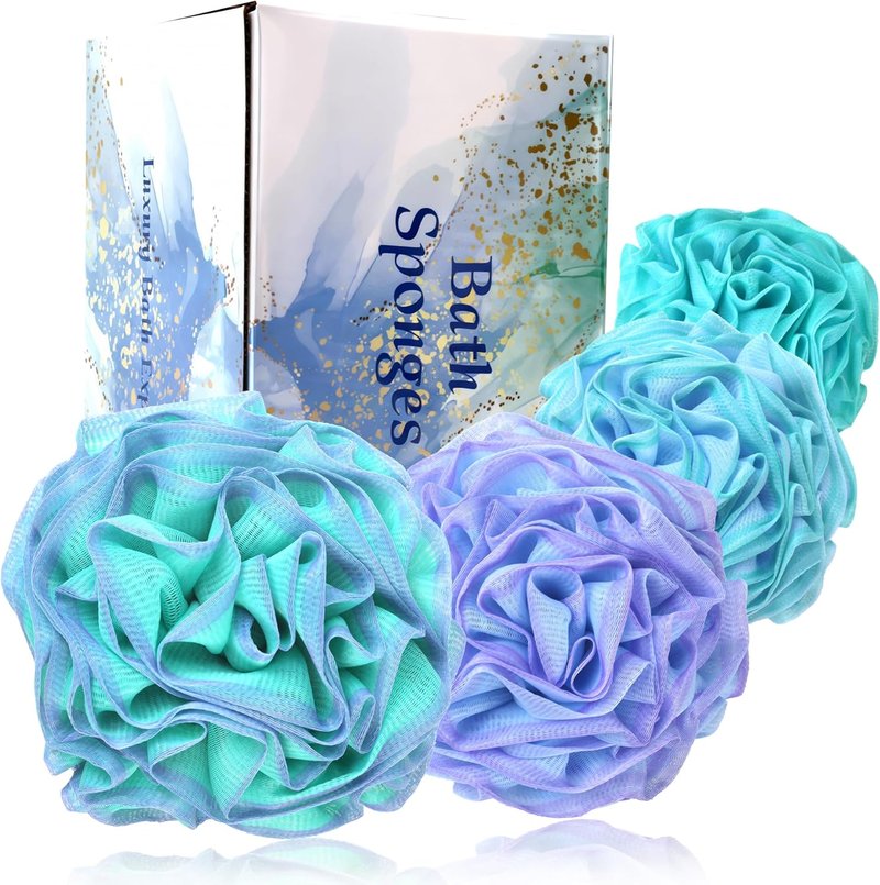 Loofah Bath Sponge | Large Exfoliating Flower Body Scrubber - Soft, Durable & Rich Lather | 4-Piece Set (Green-Blue)