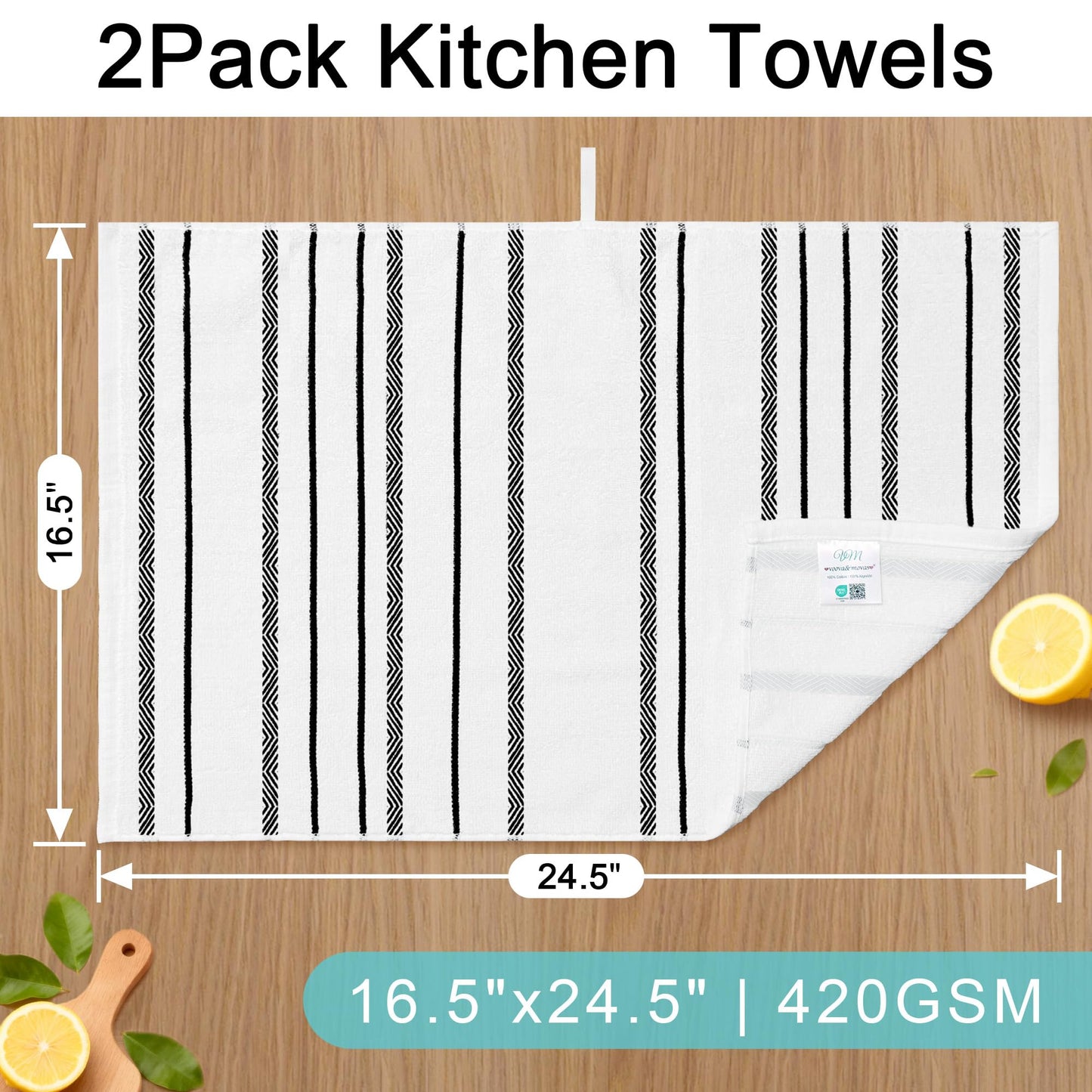 VOOVA & MOVAS Dish Towels for Kitchen Set of 2, 16"x26" - 100% Cotton | Soft | Absorb | Daily Use, Stripe Kitchen Hand Towels with Hanging Loop, White with Black Stripes