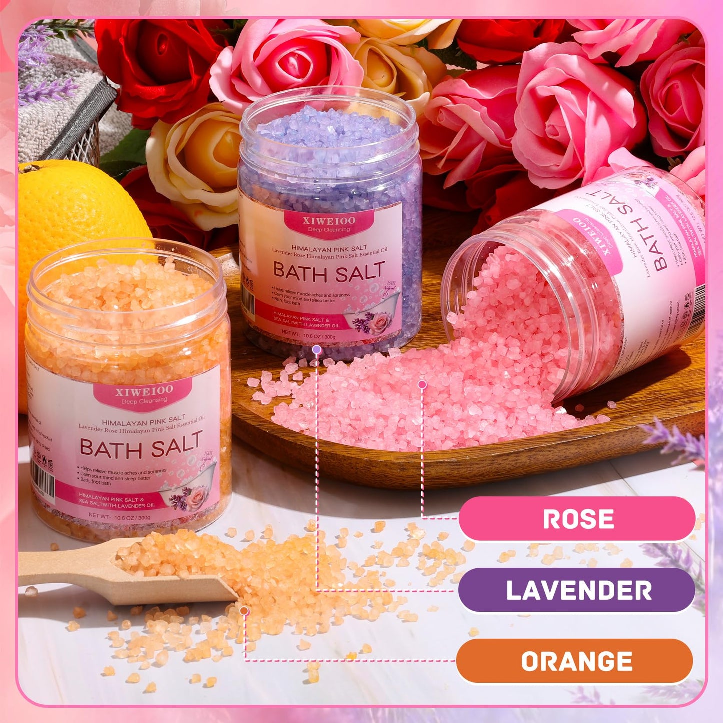 XIWEIOO Bath Salts for Soaking Himalayan Pink Bath feet soka sea Salt 3 Set Kit Lavender Orange Rose Scent Epsom Salt Tea Tree Oil Natural Soaking spa Set Christmas Gifts for Woman Mom Gifts Set