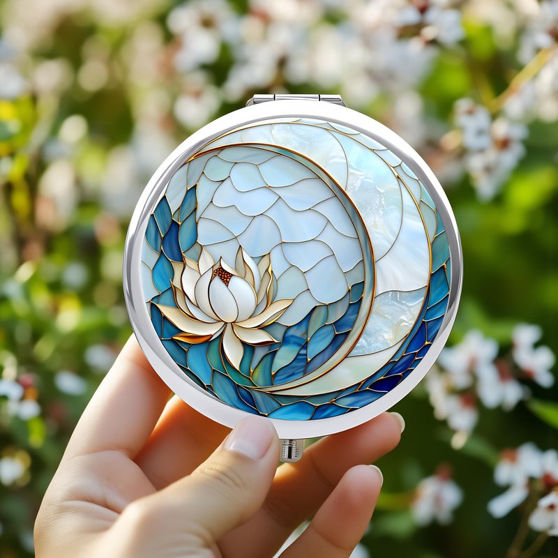 Silver Compact Mirror, 2.8x2.8inch Double-Sided Folding Makeup Mirror with Blue Lotus Moon Design, Ideal Gift for Women