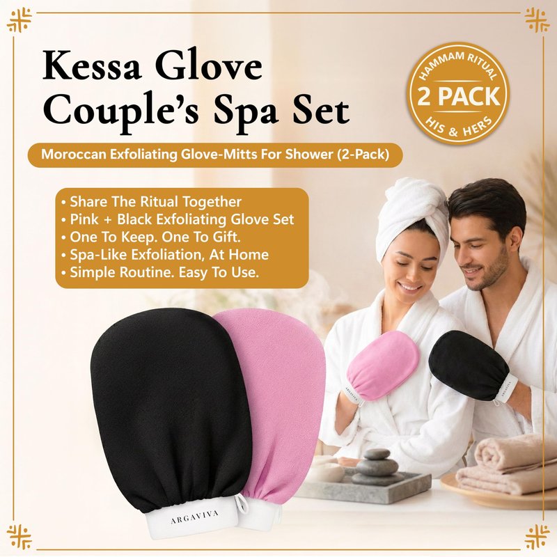 Argaviva Moroccan Exfoliating Glove for Shower - Kessa Hammam Body Scrub Gloves, Exfoliating Mitt, Bath Mitt - Couple's Spa Set, 2 Pack His and Hers, Pink and Black