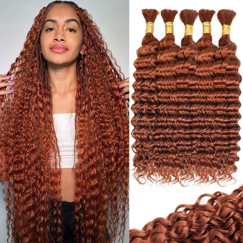160g 5 Bundles 350 Human Braiding Hair 24 Inch Dark Ginger Braiding Hair Copper Braiding Hair Extensions Deep Water Wave Bulk Human Hair for Braiding 100% Brazilian Human Bariding Hair for Boho Braids