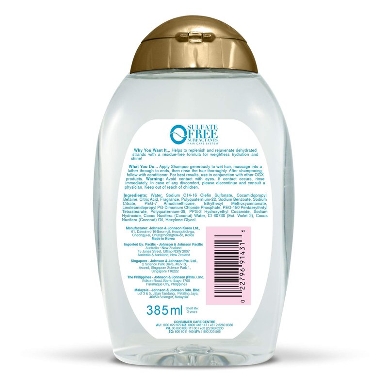 OGX Weightless Hydration + Coconut Water Shampoo, 13 Ounce Bottle, , Lightweight Hydrating Formula Sulfate-Free Surfactants