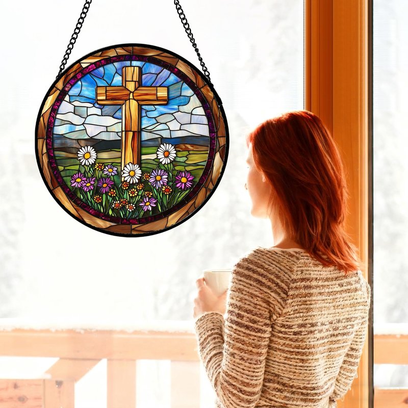QZQCBLC Christian Gifts for Women - Cross Stained Glass Window Hanging Easter White and Purple Daisy Sun Catcher Garden Religion Decor Mother's Day Catholic Gift for Men Grandma Nana Her Mom 6.3"
