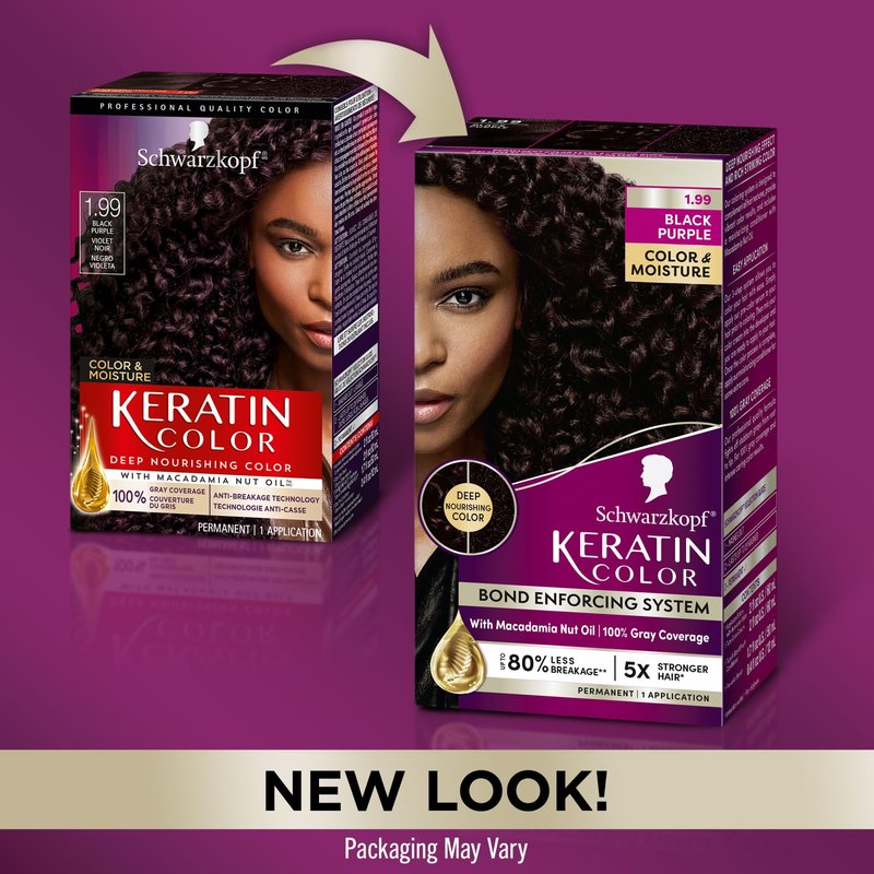 Schwarzkopf Keratin Color Permanent Hair Color, 1.99 Black Purple, 1 Application - Professionally Inspired Permanent Hair Dye, for up to 80% Less Breakage vs Untreated Hair and upto 100% Gray Coverage