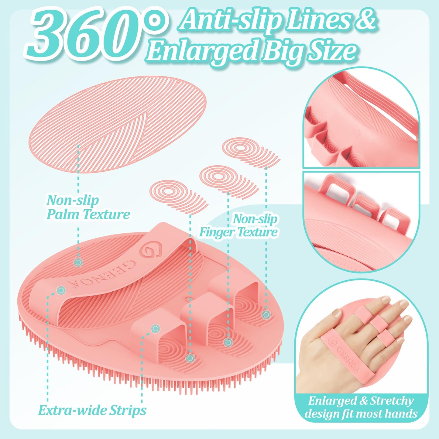 GEENOA Silicone Back Body Face Scrubbers Set 4PCS, 15.35’’ Back Scrubber Soft Body Scrubber for Dual-Side Usage, Easy-to-Hold Soft Bath Glove & Face Scrubber for Good Foaming Deep Cleaning(Pink)