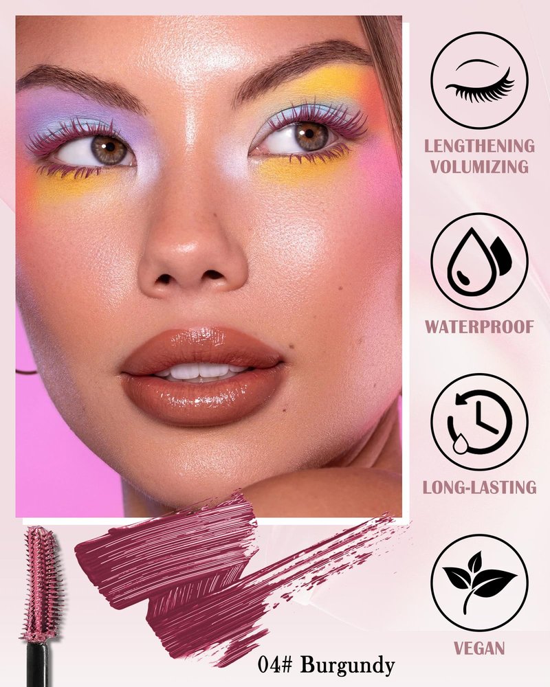Burgundy Waterproof Mascara, Lash Extension Mascara with Dual-Sided Brush, Great for Lengthening and Volumizing Eyelashes, Colored Tube Máscara Fiber No Clumping, Long Wear, Smudge-Proof-04