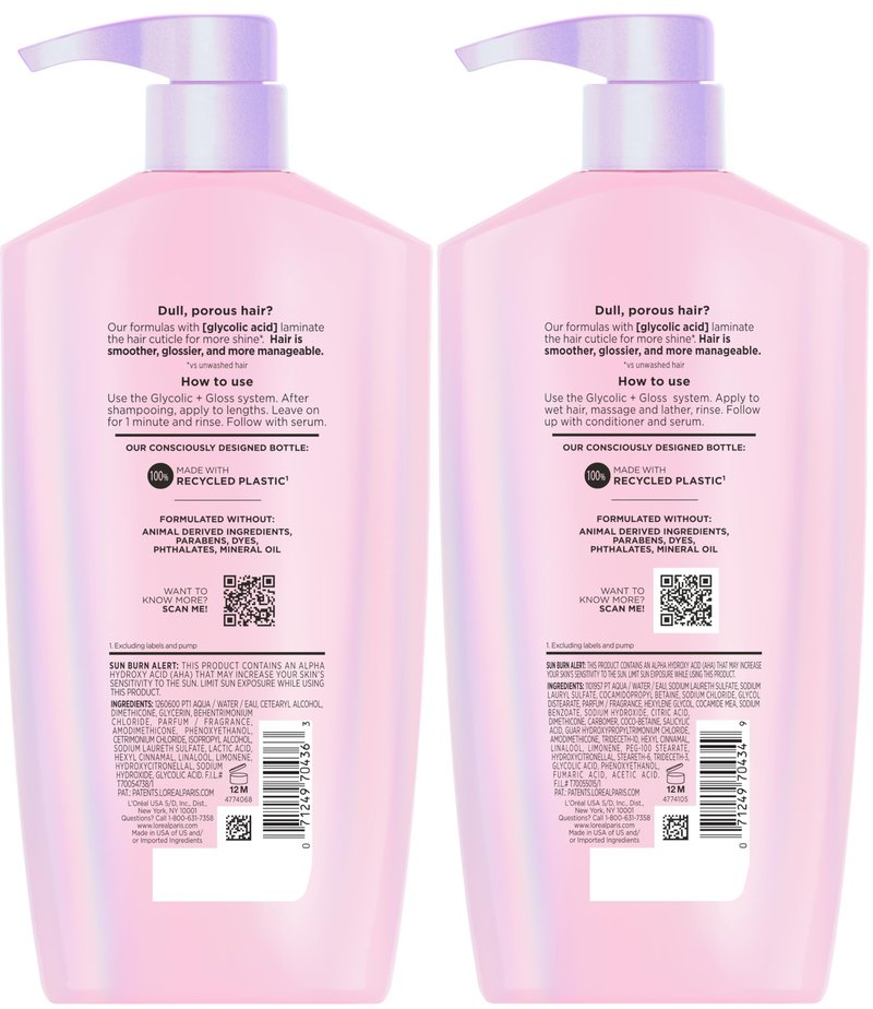 L'Oreal Paris Elvive Glycolic + Gloss Shine Boosting Shampoo and Conditioner Set, Cleanses and Smooths Dull, Porous Hair Into High-Shine, Glossy Hair, 1 Kit