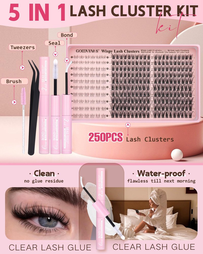Goddvenus 250Pcs Natural Lash Clusters Kit Cluster Eyelash Extensions Kit Wispy DIY C Curl Individual Lashes Clusters With Bottom Eyelashes