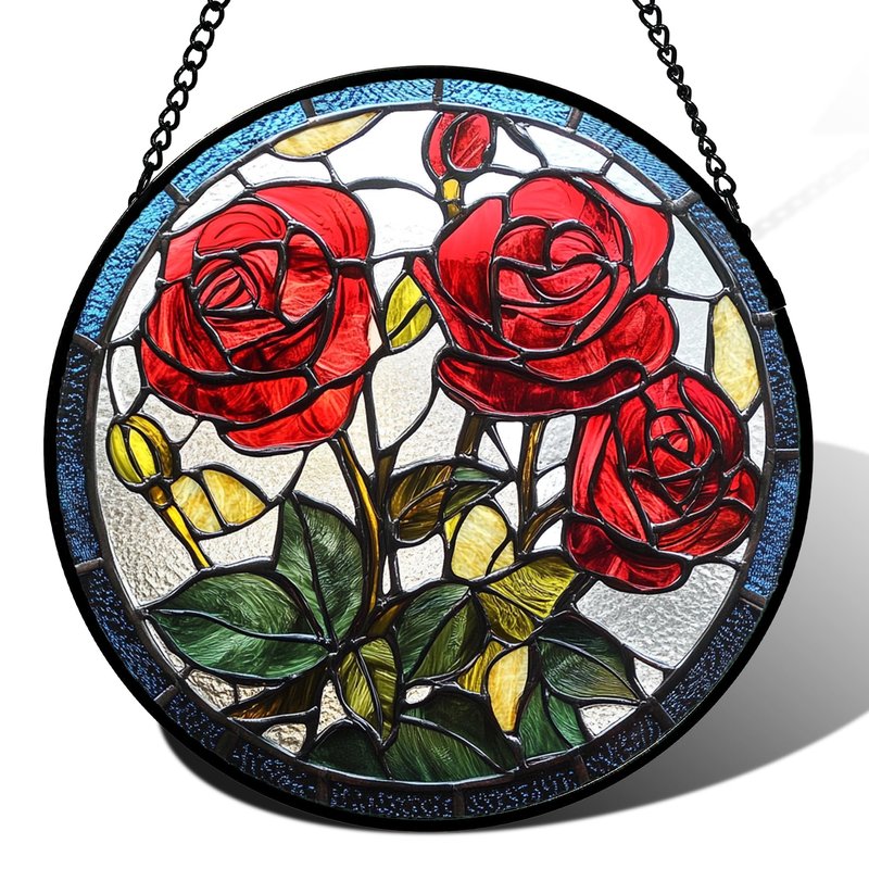 QZQCBLC Stained Glass Window Hanging Red Rose Flower 7.8" - Suncatcher Door Garden Sun Catcher Decor Birthday Anniversary Valentines Day Gifts for Woman Wife Men Her Him Lovers Girlfriend