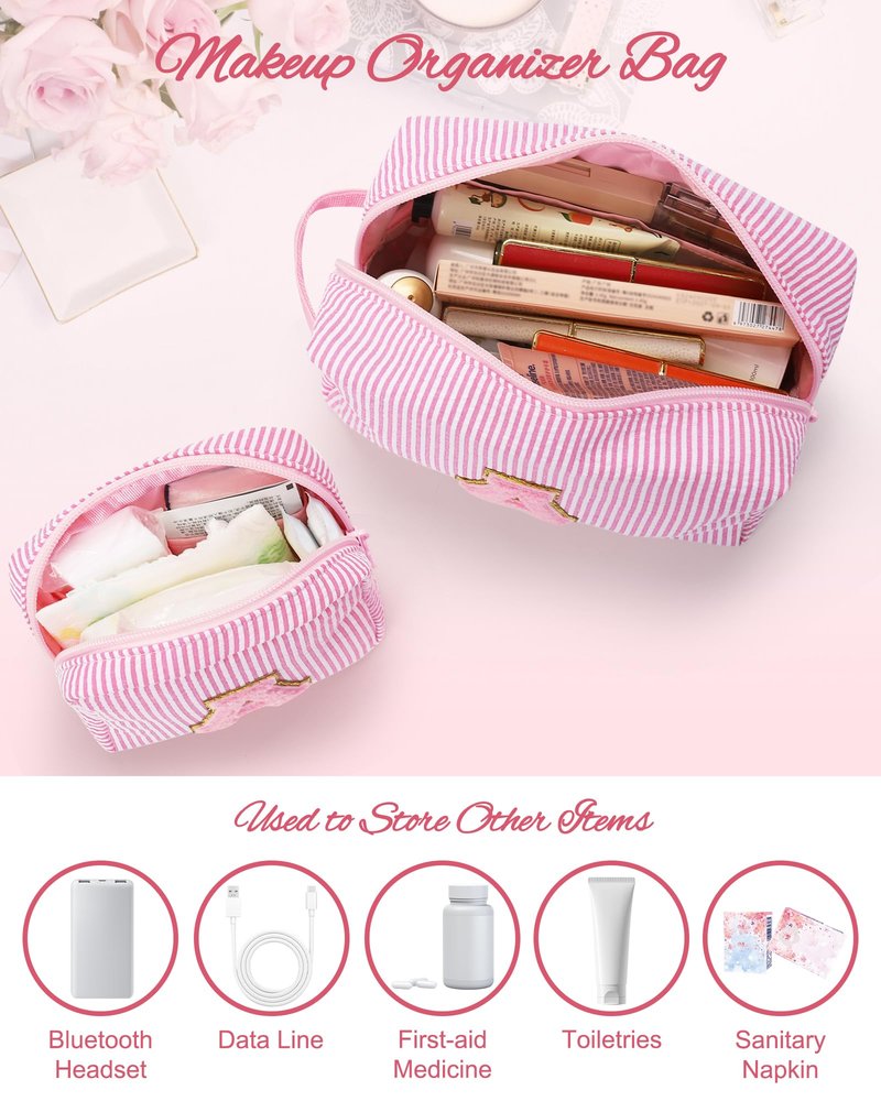 MONSTINA Preppy Chenille Makeup Bag|Personalized Initial Bags with Zipper,Cute Makeup Pouch Stripe Cosmetic Bag,Birthday Gift for Daughter|Preppy Things for Girls,2PCS Pink Q