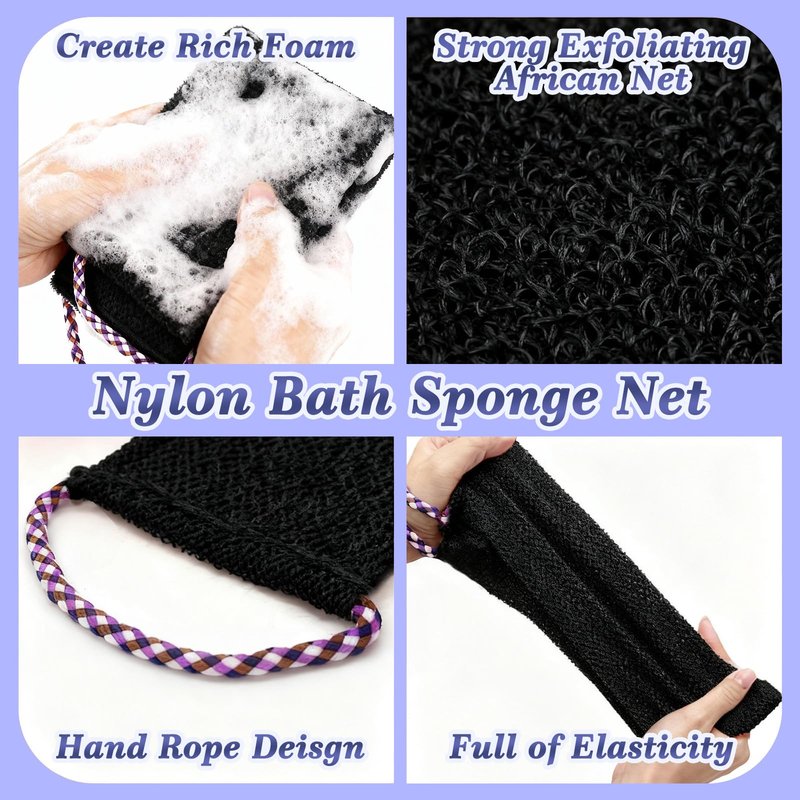 Manmihealth Silicone Back Scrubber for Shower & African Net Sponge Net Set, 36'' Dual-Sided Back Washer & African Long Bath Sponge, Extendable Long Silicone Body Brush(Gray+Black)