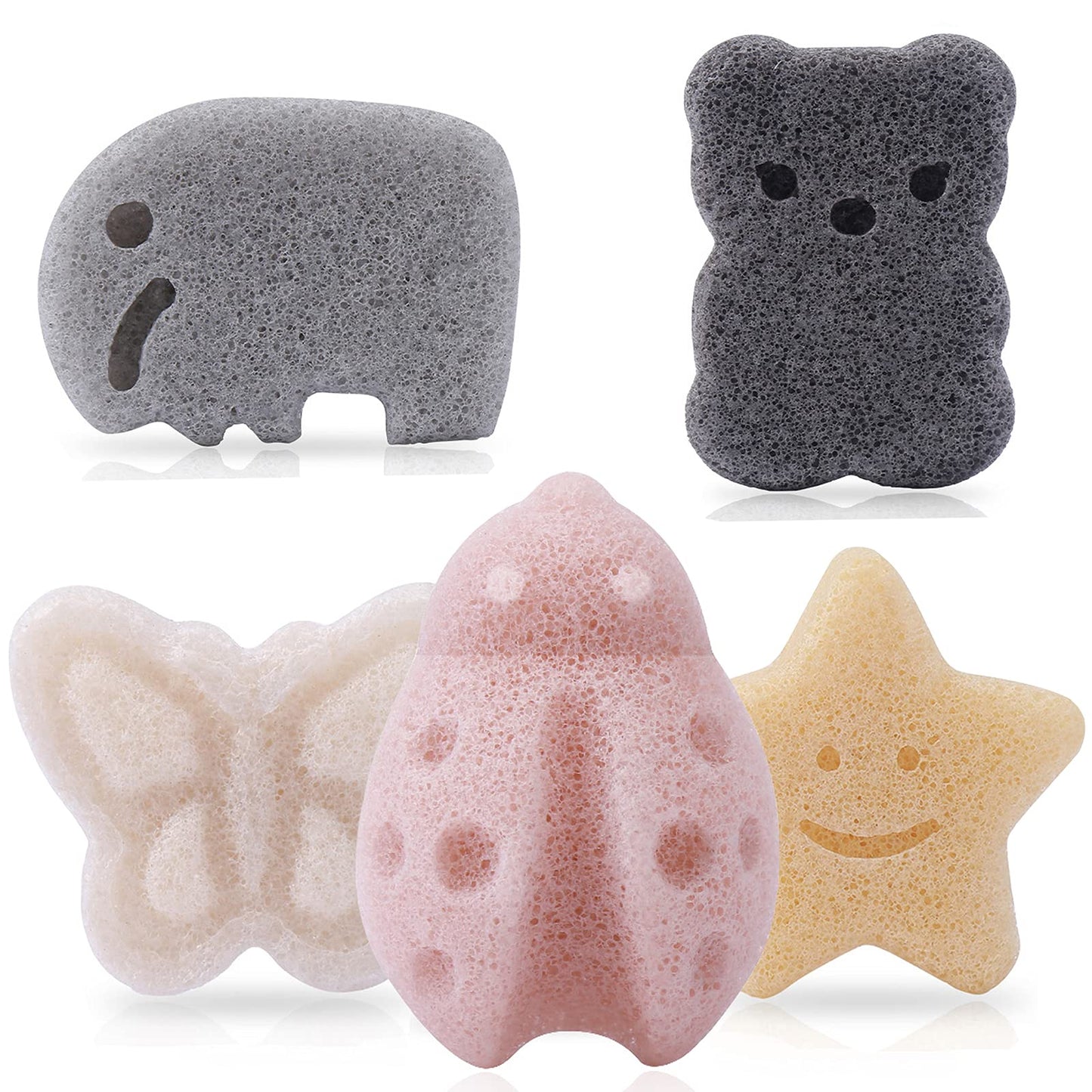 KECUCO 5 Pcs Konjac Baby Sponge for Bathing, Kids Bath Sponges for Infants, Toddler Bath Time, Cute Shapes and Safe Plant-Based Konjac Baby Bath Accessories, 5pcs
