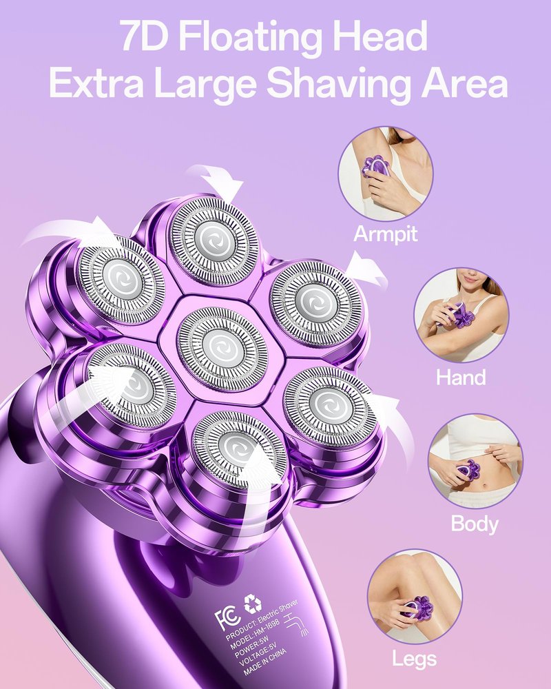 5-in-1 Electric Razors for Women, 7D Magnetic Heads Full Body Shaver, Waterproof Wet Dry Hair Remover with LED Display, Rechargeable Bikini Trimmer for Underarms, Face, Legs, Lips, Arms (Purple)