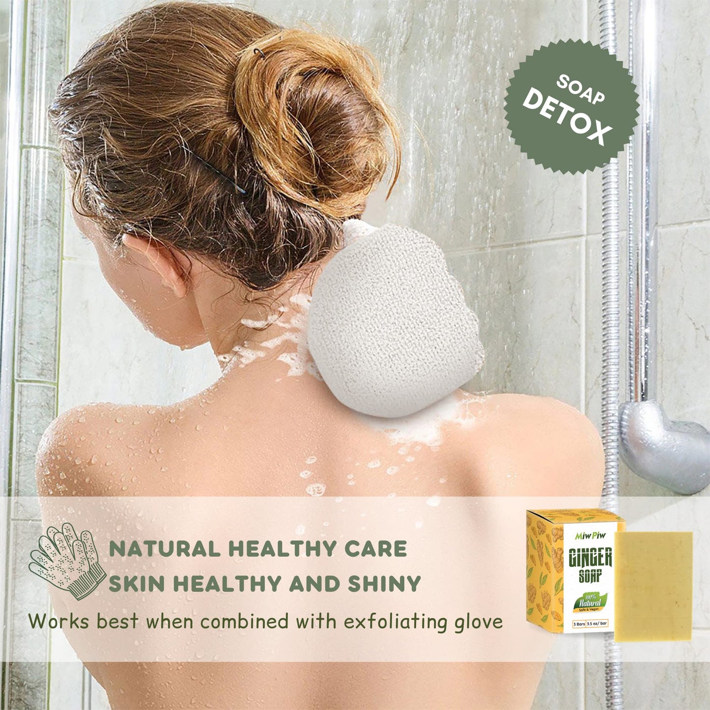 Miw Piw Ginger Soap Lymphatic Drainage Pack 3 - Anti-Cellulite Skin Tightening - Natural Ingredients Detox Soaps for Deep Clean Shower, Detoxification, Rejuvenating