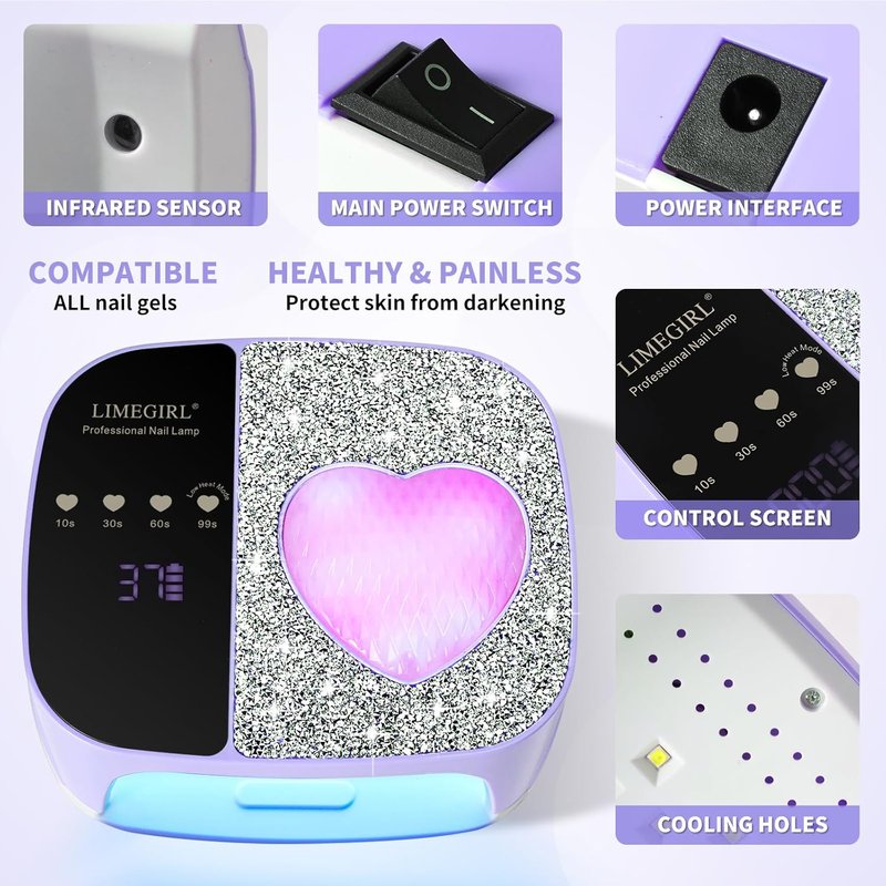LIMEGIRL UV LED Nail Lamp Kit - Fast Curing Gel Polish Dryer with 4 Timer Settings | Cordless & Rechargeable