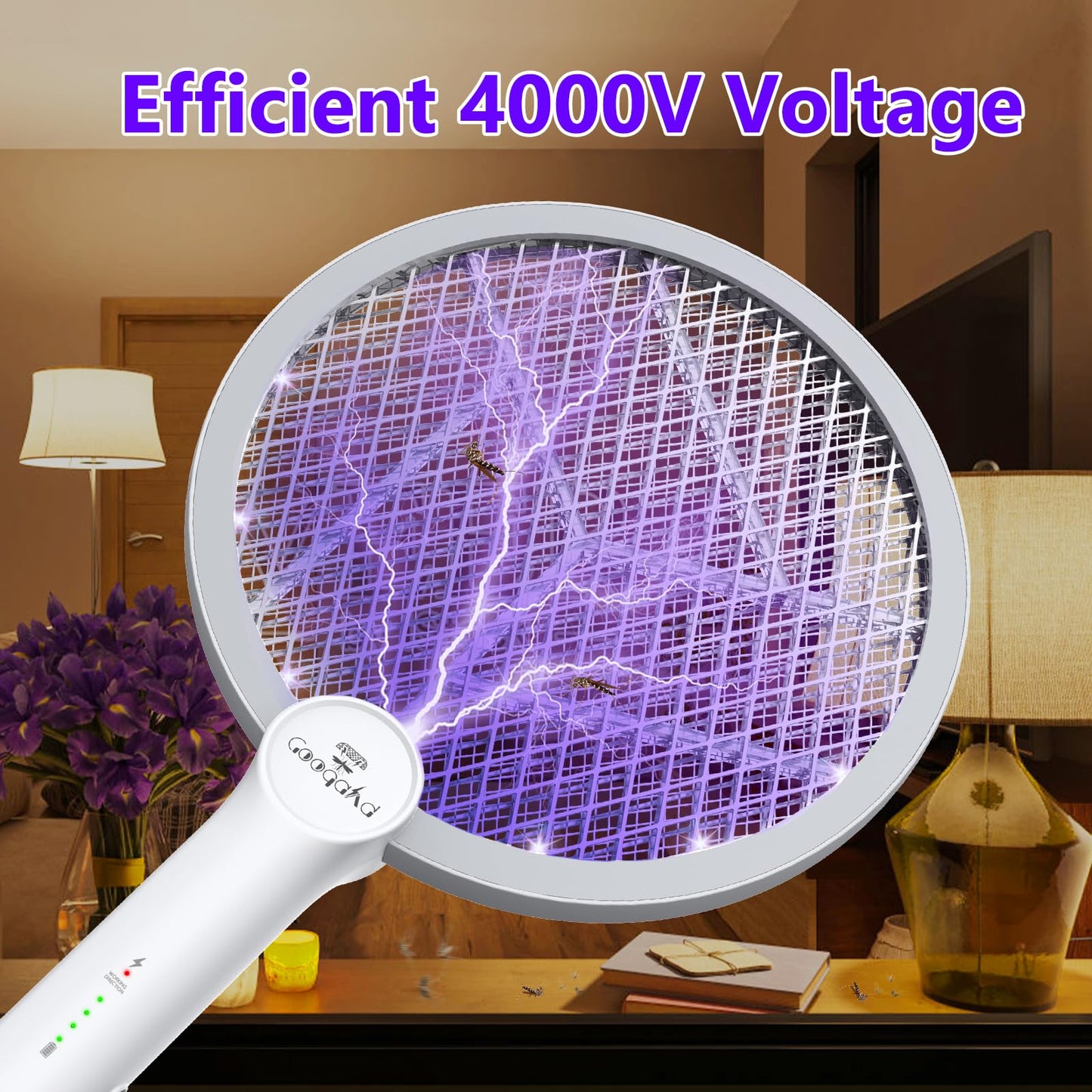 GooQand Bug Zapper Racket, 2 in 1 Mode Electric Fly Swatter USB Rechargeable, 4000V Electric Fly Zapper with 3 Layer Safety Mesh, Indoor Outdoor Electric Racket for Kitchen, Bedroom, Camping