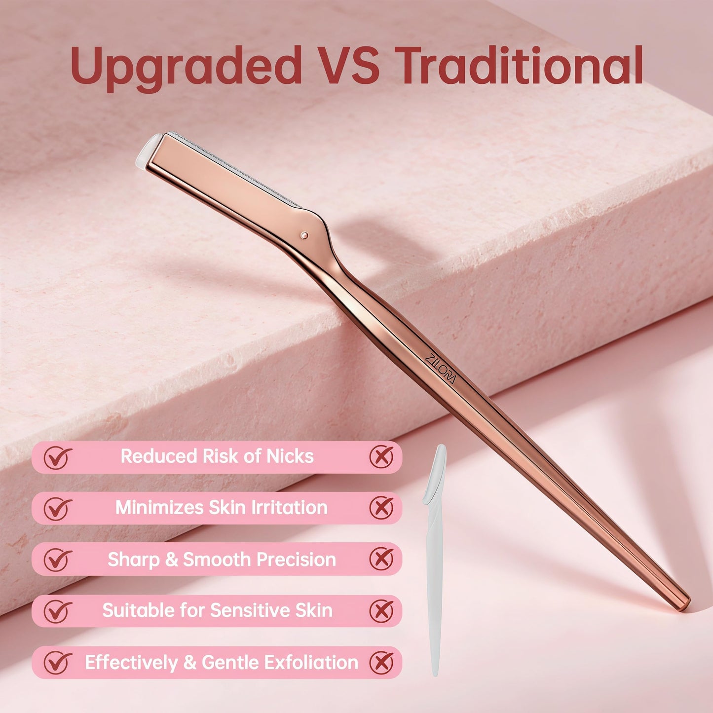 ZiLORA Metal Face Razor for Women, Dermaplaning Tool with 16 Replacement Blades (Wide & Micro), Facial Hair Remover & Eyebrow Trimmer, Rose Gold