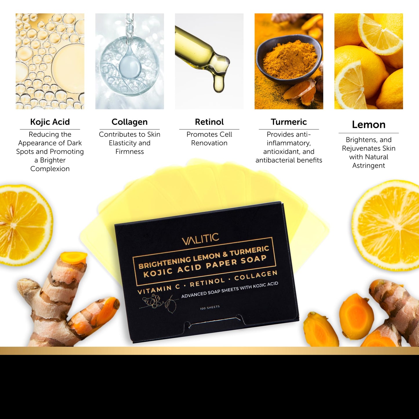 VALITIC Brightening Lemon Turmeric Kojic Acid Paper Soap - Vitamin C, Retinol, Collagen - Original Japanese Complex - Hyaluronic Acid, Vitamin E, Shea Butter, Castile Olive Oil - 2 Pack