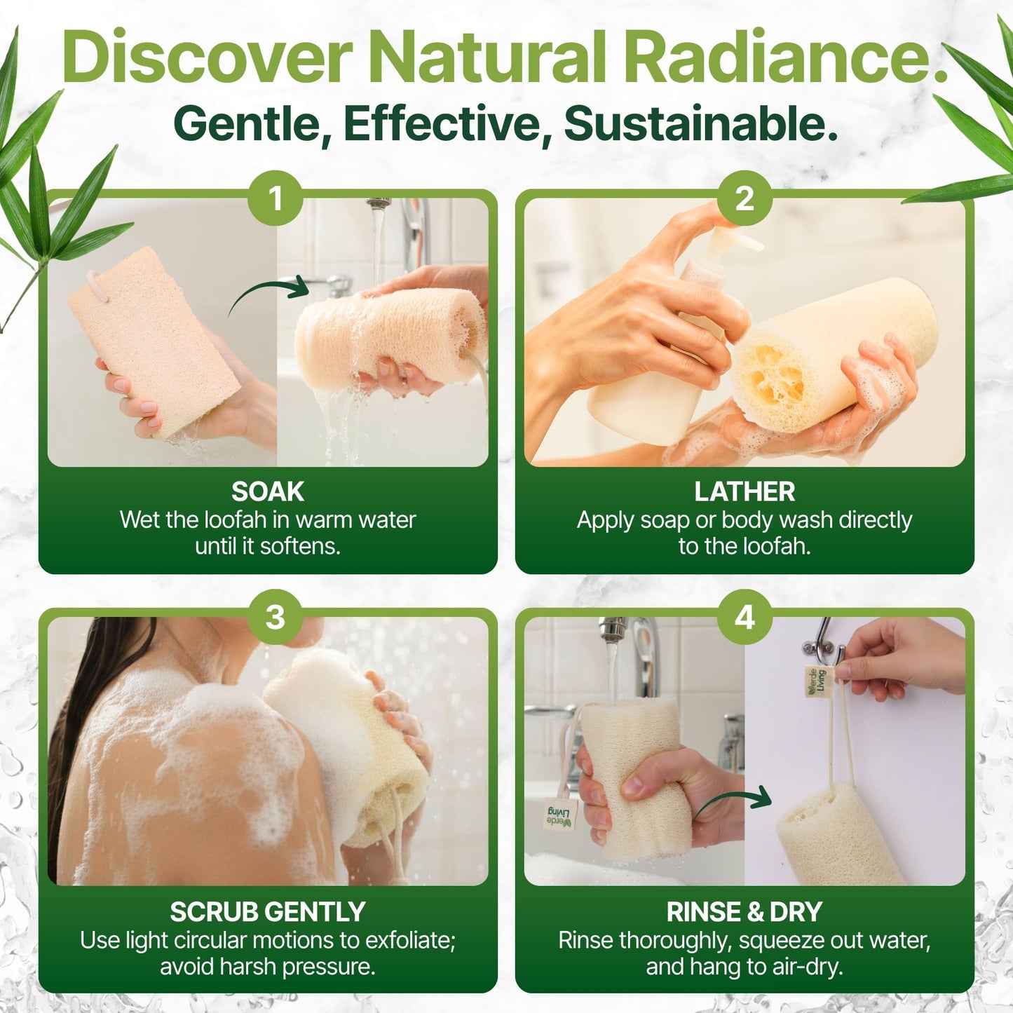 Verde Living 100% Natural Loofah Sponge for Body - $ Loofa Pack 6 Inch Exfoliating Sponge with Drawstring - Large Organic Shower Loofah for Men and Women