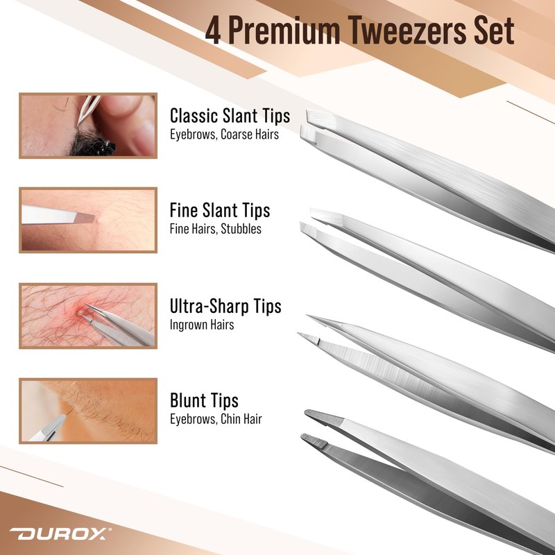 DUROX 4-Pc Precision Tweezer Set - 1. Round Tip Tweezers for Facial & Chin Hair 2. Pointed Tweezers for Ingrown Hair & Splinters 3. Professional Eyebrow Tweezers 4. Classic Slant. Stainless Steel.