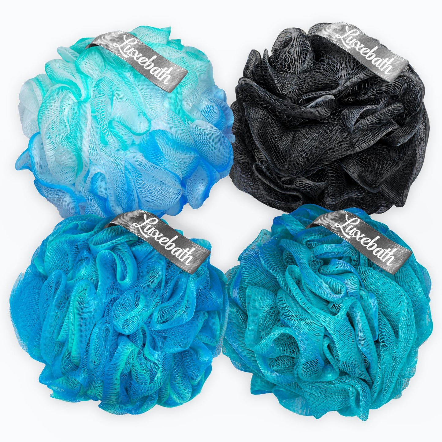Luxebath Loofah Exfoliating Body Scrubber - 4 Pack - Soft & Gentle Spa-Grade Loofah Sponge for Women & Men - Multi Color (Teal, Turquoise, Blue) - Luxurious, Modern Style